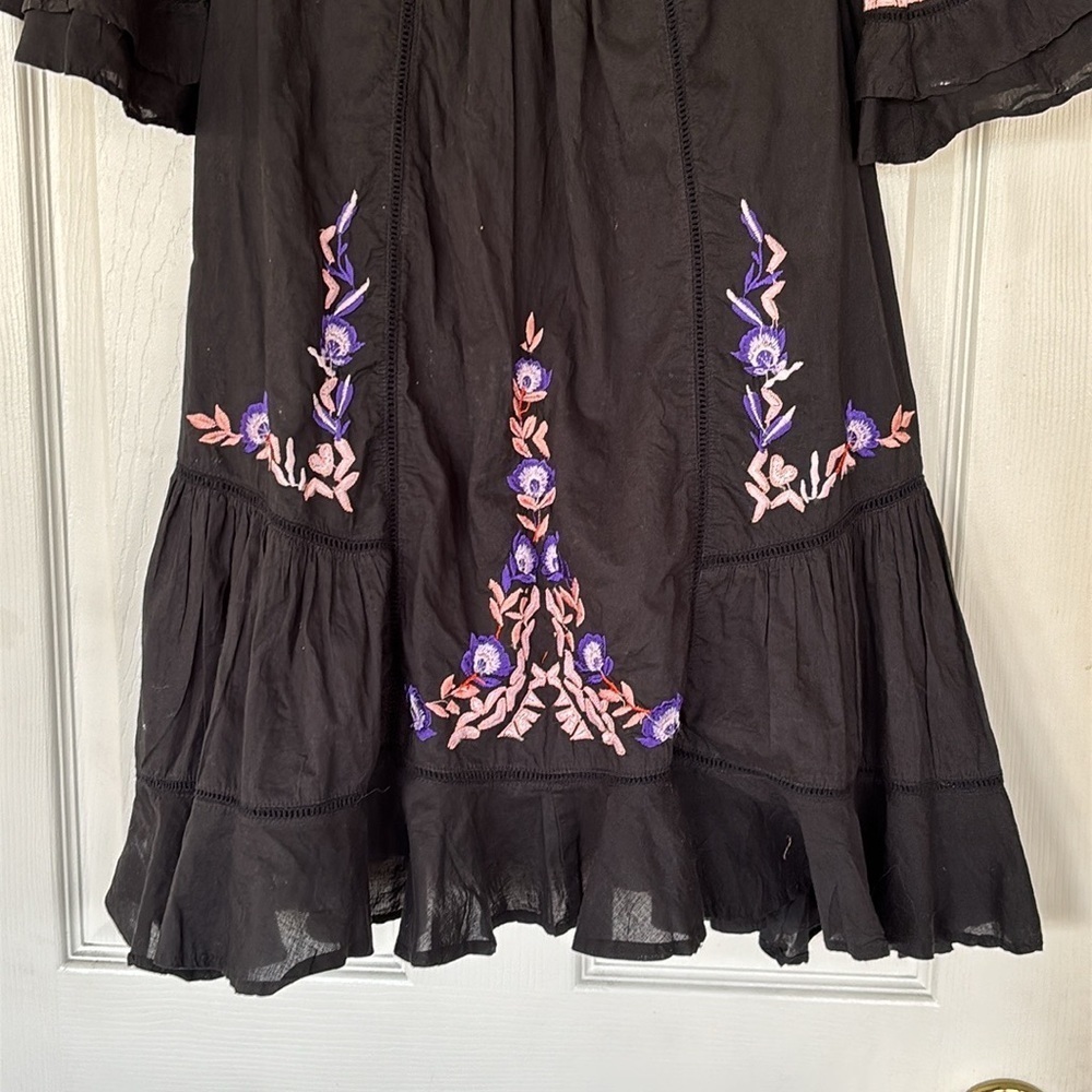 Free People Black Boho Ruffle Pavlo Mini Dress Orange Purple Floral Embroidery - Picture 8 of 16
